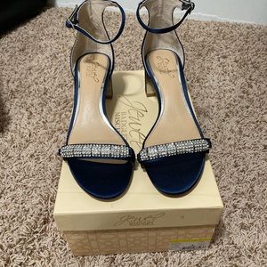 Badgley Mischka Jewel navy satin block heel sandal with rhinestones. Size 8